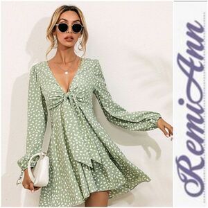 Lantern Sleeve Tie Front All Over Print Dress